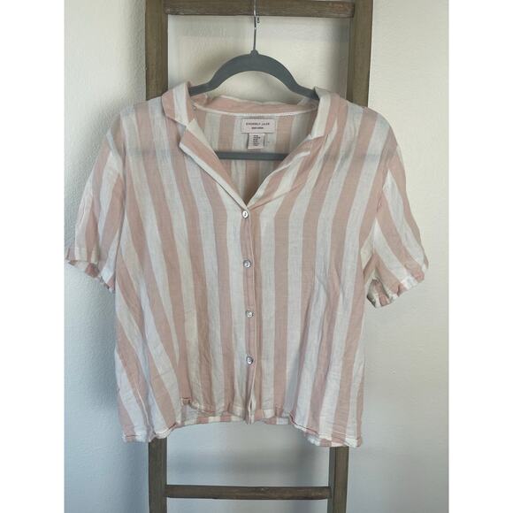 Sincerely Jules Tops - Sincerely Jules Linen Style Striped Short Sleeve Button Up Pink White Womens